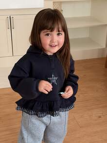 DAZY Sweatshirt Lengan Panjang Gaya Korea Motif Bintang Lima Berkerudung untuk Bayi Perempuan, Cocok untuk Musim Gugur/Dingin - Navy Blue - View 6