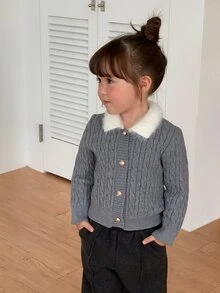 DAZY Baby Girls Contrast Color Lapel Long Sleeve Cardigan - Grey - View 6