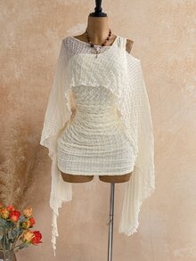 Soleia 女款純色不對稱下擺不對稱領上衣與不對稱領無袖百褶洋裝2件套 - 杏色 - 查看 6