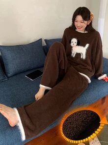 DAZY Happy Puppy Pattern Contrast Color Loose Knit 2-Piece Pajama Set For Women, Autumn/Winter - Coffee Brown - View 6