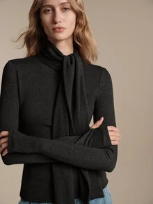 Anewsta Essential Autumn/Winter New High-Quality Standard Size Women's Design Ribbon Scarf High Neck Knitted Sweater, Slim Fit Flattering Versatile Long Sleeve Base Layer Top - Black - View 2