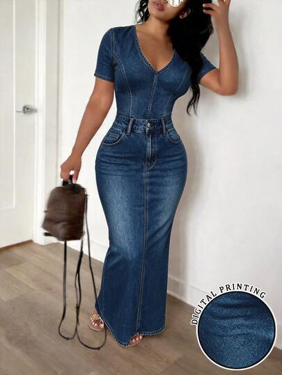 Eryvara Vestido Longo Sexy de Manga Curta com Estampa e Ajuste Slim para Mulheres, Verão