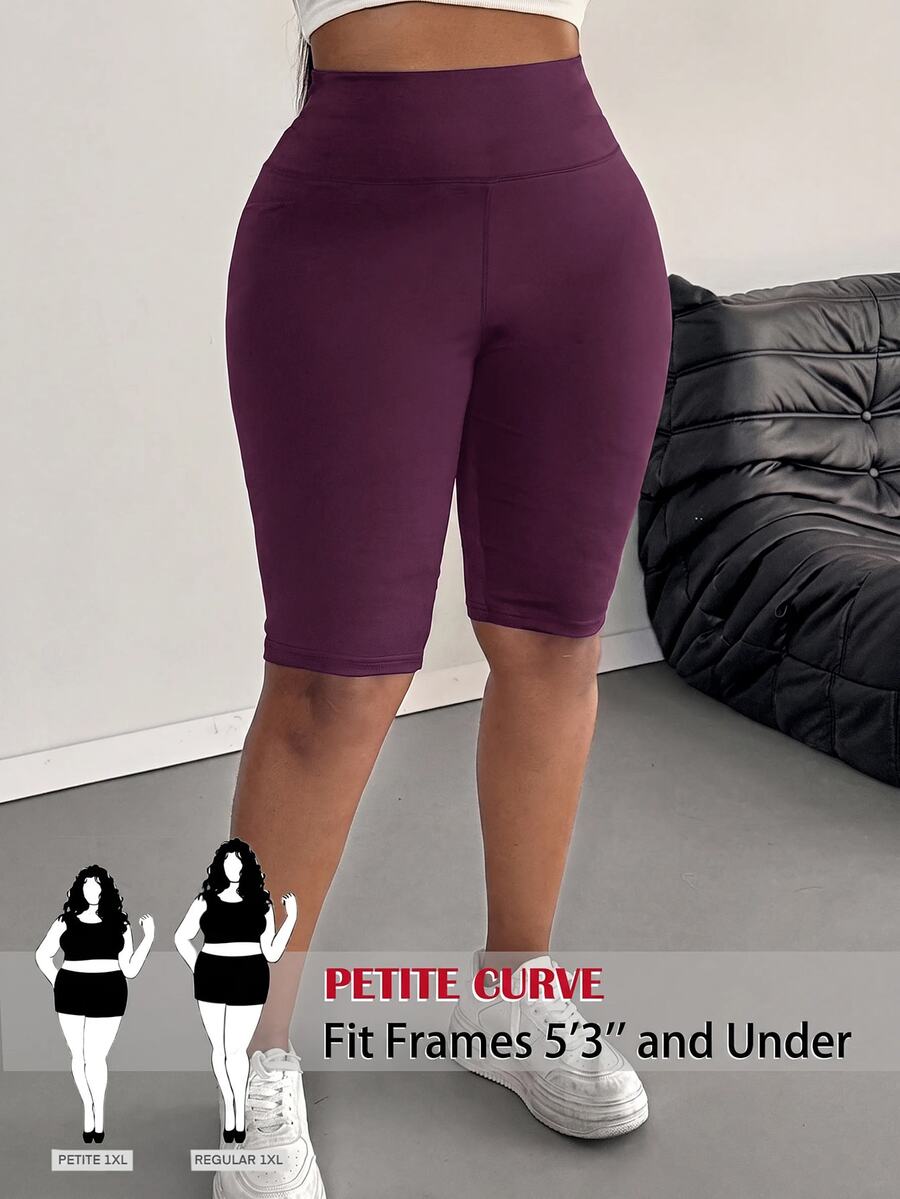 SHEIN PETITE CURVE 大尺碼女款休閒極簡純色內搭褲，適合夏季 - 紫色 - 查看 1