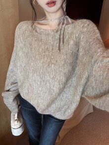 DAZY 秋冬女款優雅百搭圓領掛脖綁帶設計小眾寬鬆長袖針織衫 - 米色 - 查看 3