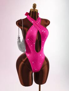 Amplova Rhinestone Sexy Daily Wear Halter Neck Bodysuit - Pink - View 4