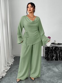 Firerie 大尺碼女款春/秋舒適休閒優雅度假居家穿著套裝，垂領喇叭袖長袖T恤上衣搭配直筒彈性腰長褲，2件套 - 綠色 - 查看 8