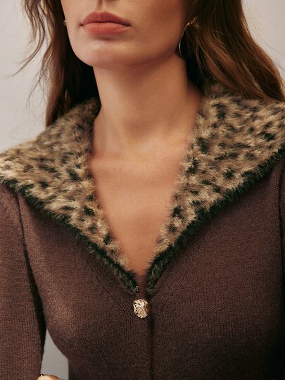 SHEIN Women's Autumn/Winter Fashion Leopard Print Patchwork Cardigan