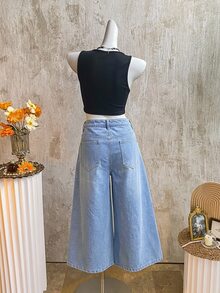 K-Vae 女款休閒寬鬆短版寬腿牛仔褲 藍色 女教師穿搭 - 淺色水洗藍 - 查看 2