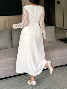 Dazy Plus Autumn Lace Patchwork Elegant Evening Dress, Early Autumn New Slimming Body-Flattering Dress - Apricot - View 2