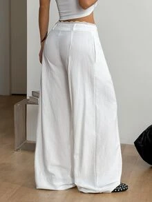 Coolane 女款秋冬街頭風休閒極簡日常基本款辦公穿搭 100%純棉對比蕾絲白色寬鬆直筒長褲 - 白色 - 查看 6