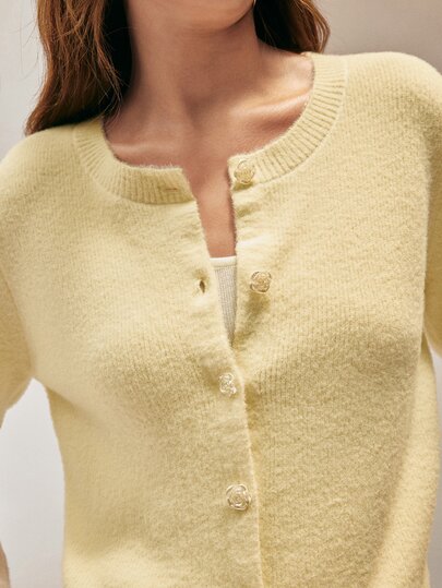 SHEIN Women's Fitted Fuzzy Knit Sweater With Floral Button Hem, Casual Solid Color Long Sleeve Round Neck Cardigan