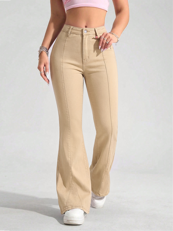 Jeanoix Jeans de mezclilla elásticos de talla grande para mujer estilo Y2K, estilo europeo y americano nuevo Ins vintage de cintura alta con costura central, pierna acampanada, sexy ajustado, pantalones largos, atuendos de vaquera para mujer