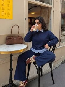 Elaquor Plus Size Button Striped Patchwork 2 In 1 Sweatshirt And Pocket Long Pants Two Pieces Set - Navy Blue - View 1