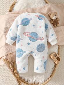 SHEIN Vintaside Kids 2件組新生兒男嬰女嬰連身衣褲套裝，可愛甜美白色藍色星星抓絨拉鍊長袖圓領加厚連腳款，附帽子，適合冬季聖誕節與秋季假期 - 藍白色 - 查看 2