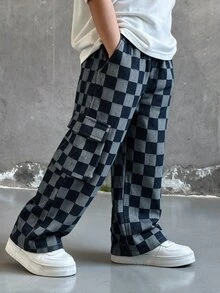 SHEIN 1件小男孩休閒運動可愛日常舒適街頭風百搭黑白棋盤格印花直筒長褲，適合外出、上學、日常聚會，四季皆宜，開學季適用 - 彩色 - 查看 1