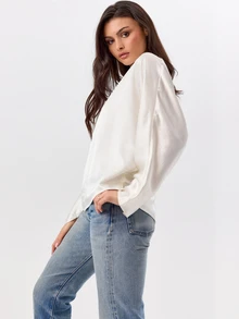 KÆRIA Hus Draped Cocoon Long Sleeve Top - Soft Sheen Drape - Ivory - Elegant, Business, Formal, Workwear Top, Fall, Summer, Chic, Modern - White - View 3