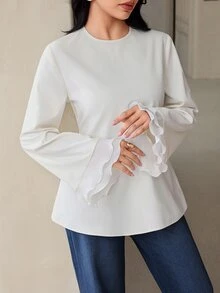 Veilorie 女款優雅荷葉邊收腰襯衫 - 白色 - 查看 2