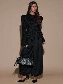 SHEIN BAE Jaket Pesta Elegan dengan Lengan Berhiaskan Kelopak Bunga 3D - Hitam - View 5