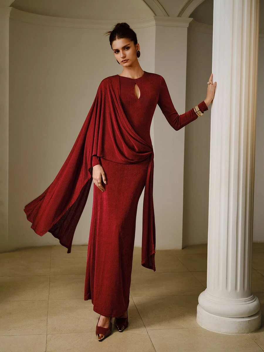 ZEYLAH Women's Solid Color Pleated Ribbon Design Fitted Elegant Dress - Burgundy - View 1