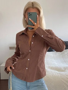 DAZY 女款優雅花卉刺繡收腰長袖領口襯衫，適合夏季度假與秋季穿著 - 棕色 - 查看 2