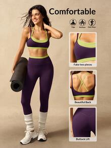 VARSIVA Women's Colorblock Patchwork Bra & Leggings Sports Activewear Set - Purple - View 2