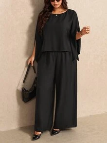 Elaquor Plus Size Solid Color Cape Sleeve Top Pants 2 Pieces Set Brunch Formal Party Black Autumn Elegant Office Business Work Fall/Winter - Black - View 7