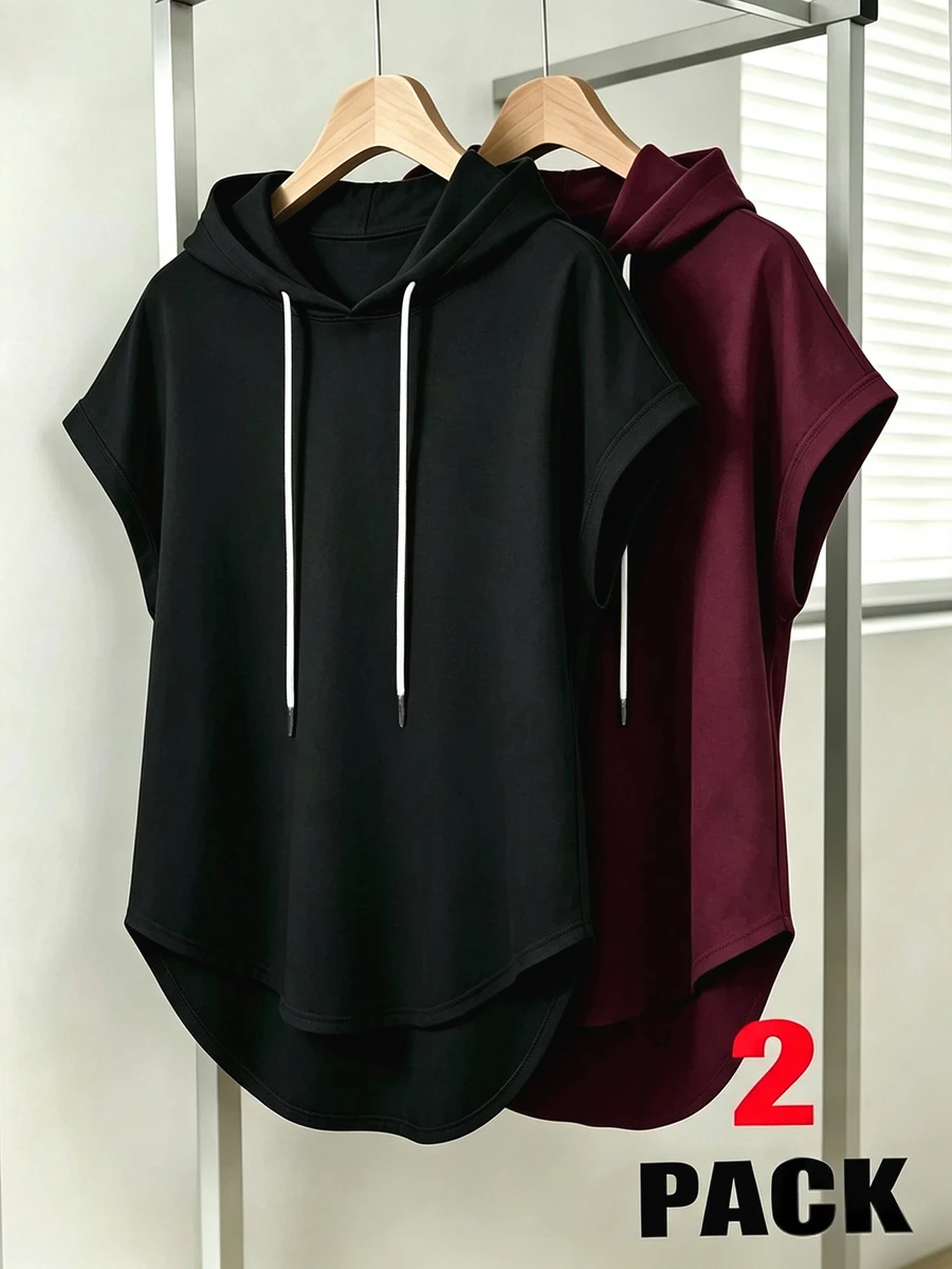 Franclia Plus Size Summer Casual Solid Color Hooded T-Shirt - Multicolor - View 1