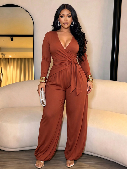 SOLERSUN Plus Size Women's Fashionable Deep V-Neck Long Sleeve Jumpsuit With Side Waist Tie Design, Cocktail Party & Casual Home Wear
