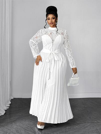 Maweii Plus Size Women's Elegant White Bowknot Waist Lace Hollow Out Pleated Long Jumpsuit For Party And Banquet