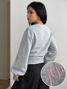 Coolane 灰色收腰女款運動衫，粉色刺繡長袖運動衫，秋季女款街頭風運動休閒穿搭 - 灰色 - 查看 5