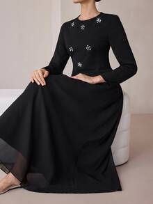 Graceveil Heavy Beaded & Rhinestone Embellished 2 In 1 Chiffon Full Skirt, Conservative Long Dress For Arab Women - Black - View 2