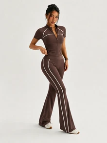 Dewbera Dewbera 2PCS Women's Sports Set Brown And White Fitted Raglan Short Sleeve Contrast Stripe Split Collar Full Zip Jacket Flare Pants Athleisure Athletic Gym - Brown - View 6