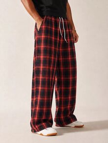 Mainfolk Men's Casual Loose Plaid Long Pants - Red - View 3
