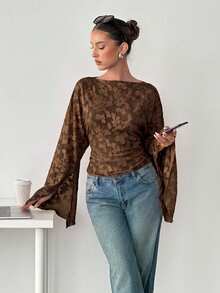 Siren Gaze Autumn/Winter New Brown Cut-Out Batwing Sleeve Fashion T-Shirt - Brown - View 7