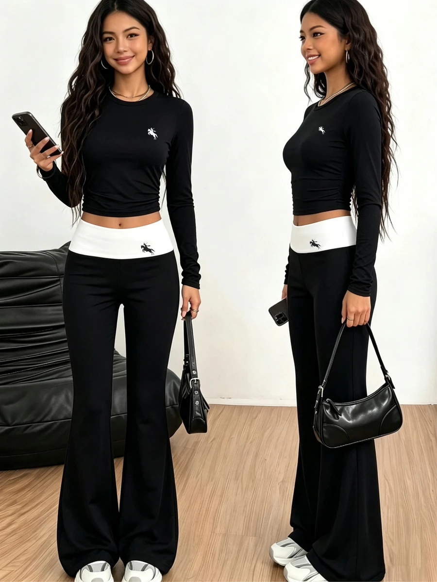 SHEIN 女童 2件組休閒簡約馬刺繡長袖修身T恤,秋季穿搭上衣,秋季 - 黑色 - 查看 1