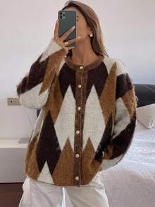 DAZY Women's Brown Loose Business Casual Office Wear Minimalist Contrast Color Patchwork Rhombus Geometric Pattern Thickened Plush Knit Cardigan Sweater, Autumn Winter Plaid - Yellow - View 4