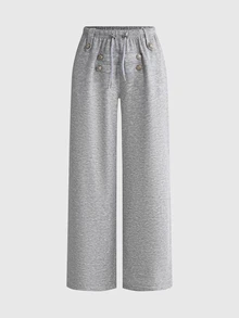 ROMWE Y2K Women's Solid Color Drawstring Waist Casual Loose Napoleon Sweatpants, Autumn/Winter - Light Grey - View 1