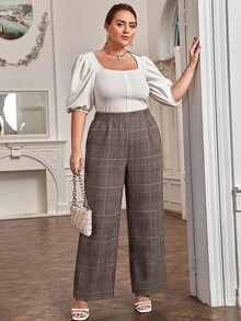 SHEIN LUNE Plus Size Women's Plaid Casual Versatile Daily Wear Long Pants - Brown - View 5