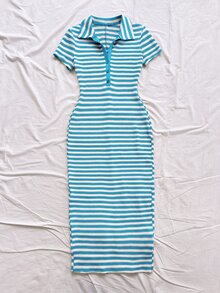 Soleia New Casual Vacation Lapel Short Sleeve Colorblock Striped Long Dress - Multicolor - View 4