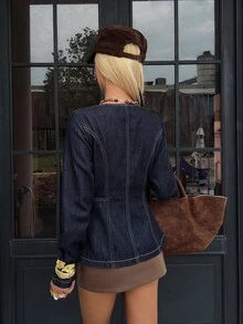 DAZY 女款水洗原色彈力修身牛仔夾克 秋季 - 深色水洗藍 - 查看 6