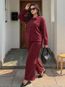 Elaquor Plus Size Ribbed Single-Breasted Long Sleeve Top And Loose Pants 2 Pieces Set - Burgundy - View 1