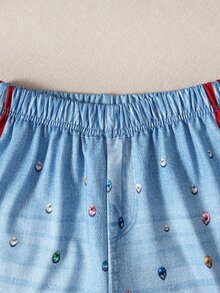 SHEIN 青少年女孩時尚牛仔效果印花運動長褲，適合日常休閒外出與各種場合，秋冬長褲 - 藍色 - 查看 6