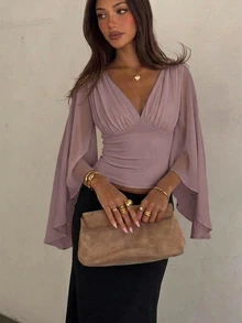 Siren Gaze Women's Solid Color Deep V-Neck Bell Sleeve Waist-Cinching Fashion Blouse - Dusty Purple - View 4