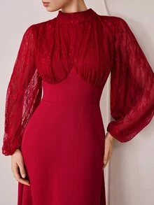 Graceveil Women's Lace Patchwork Stand Collar Long Sleeve Ruched Cinched Waist Flared Elegant Party Dress - Burgundy - View 3