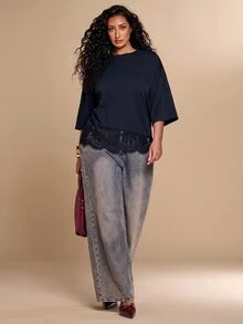 SHEIN BAE CURVE Plus Size Women's Fashion Versatile Lace Patchwork T-Shirt - Navy Blue - View 4
