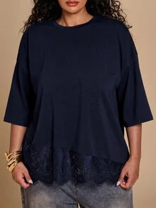SHEIN BAE CURVE Plus Size Women's Fashion Versatile Lace Patchwork T-Shirt - Navy Blue - View 7