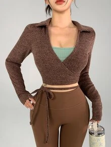 DAZY Women's Solid Color Long Sleeve Front Knot Sports T-Shirt Fall Gym Light Green Sporty Sexy Modest Sporty Athleisure Workout Gym - Brown - View 8