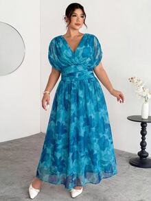 Firerie Women's New Elegant Vacation Commute Casual French Romantic Cross Pleated Batwing Sleeve Cinched Waist Umbrella Hem Long Dress, Umbrella Hem Long Dress, Elegant Romantic Long Dress, V-Neck Long Dress, Sexy Daily Elegant Commute Women's Long Dress, Spring/Summer Clothing, Elegant, Commute, Date, Party Dress, Graduation Dress, Wedding Guest Dress, Ball Gown, Formal Occasion - Blue - View 6