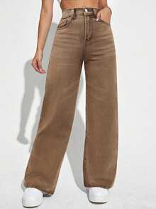 SHEIN PETITE Celana Jeans Denim Kasual Model Washed, Pinggang Tinggi, Potongan Lurus, Musim Gugur, Wanita Bertubuh Mungil, Untuk Sehari-hari - Coklat - View 4