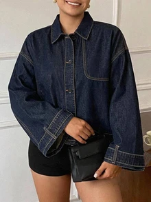 Dazy Plus Autumn Loose Fit Batwing Sleeve Denim Jacket With Turn-Down Collar, Contrast Stitching And Pocket, Casual Commute Streetwear Outerwear - Dark Wash - View 5